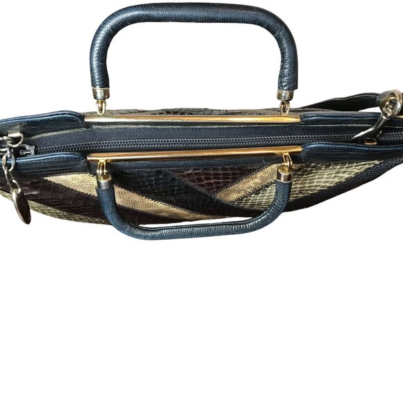 Vintage Clutch / Shoulder Envelope Bag Navy Blue & Tan Snakeskin Patchwork - Picture 2 of 10